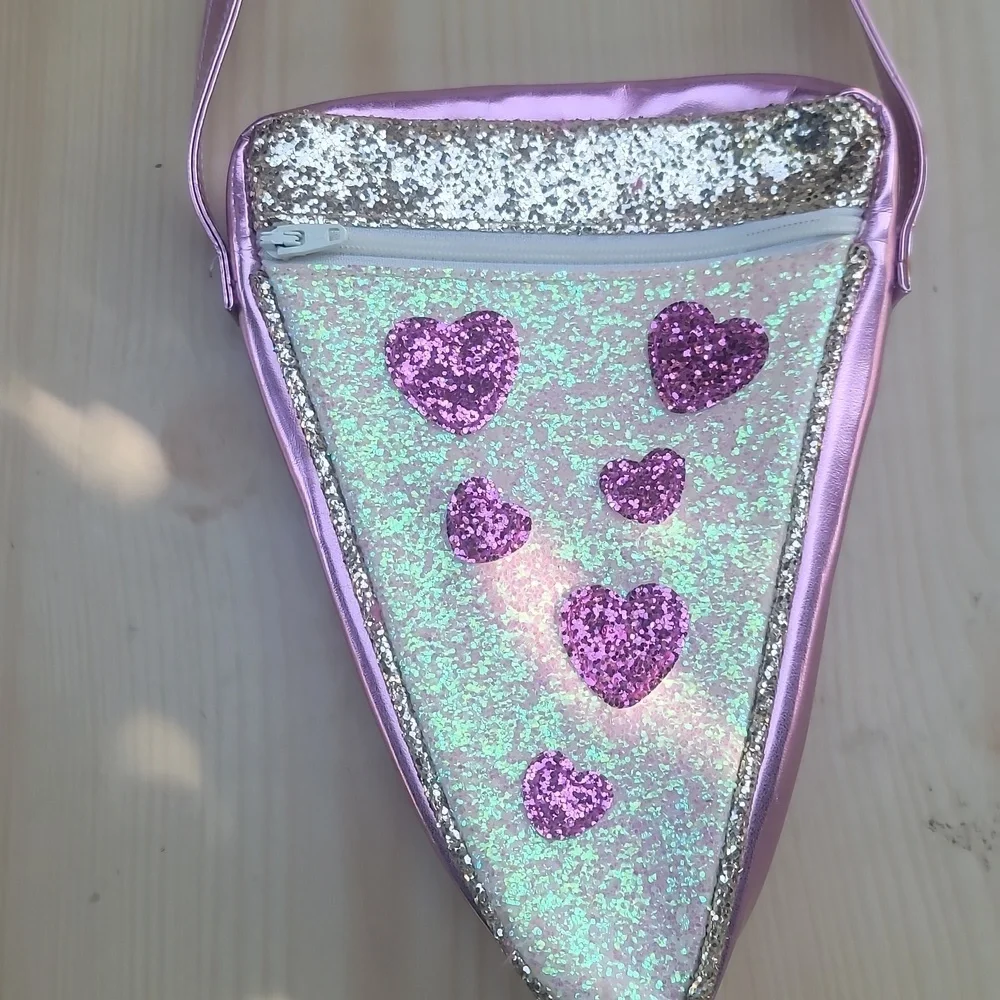 Pink Glitter slice of my Heart Crossbody Bag purse novelty pizza pink silver